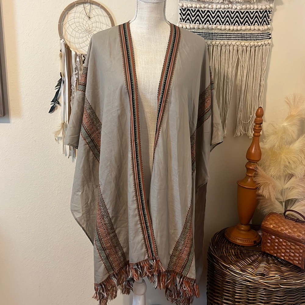 NWT - Tan Fringed Shawl/ O/S Embroidered Colors Burnt Orange, Black, Brown